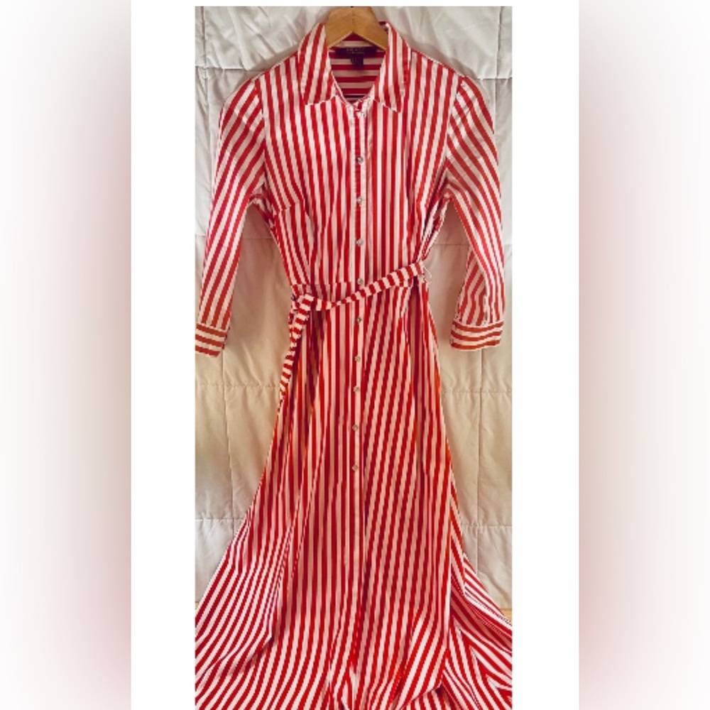 Forever 21 Striped Button Down Midi Dress - White Red/Pink - Size S